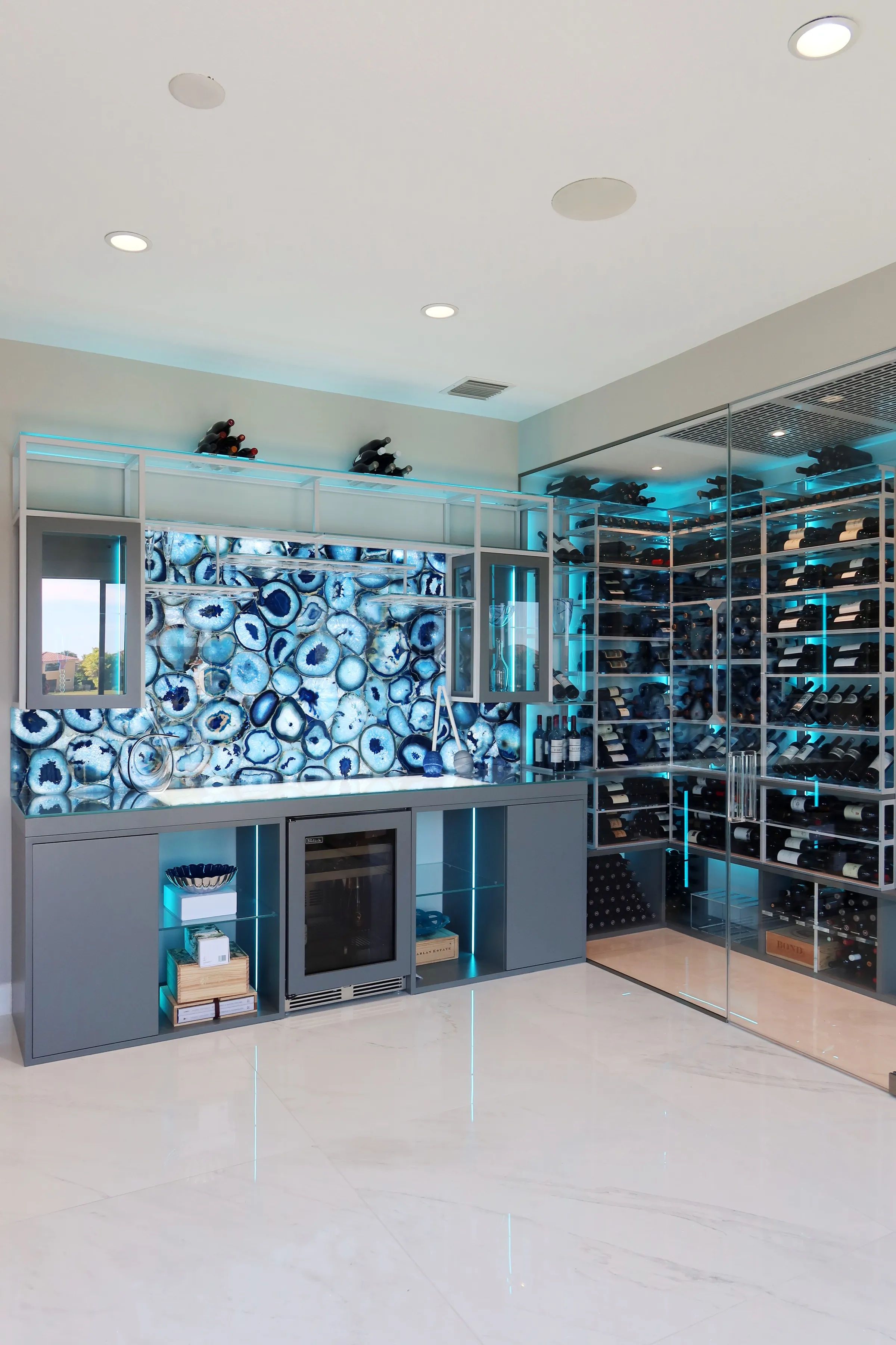 Modern wine room bar Parkland FL - vertical wine rack column, steel finish, Barnsley