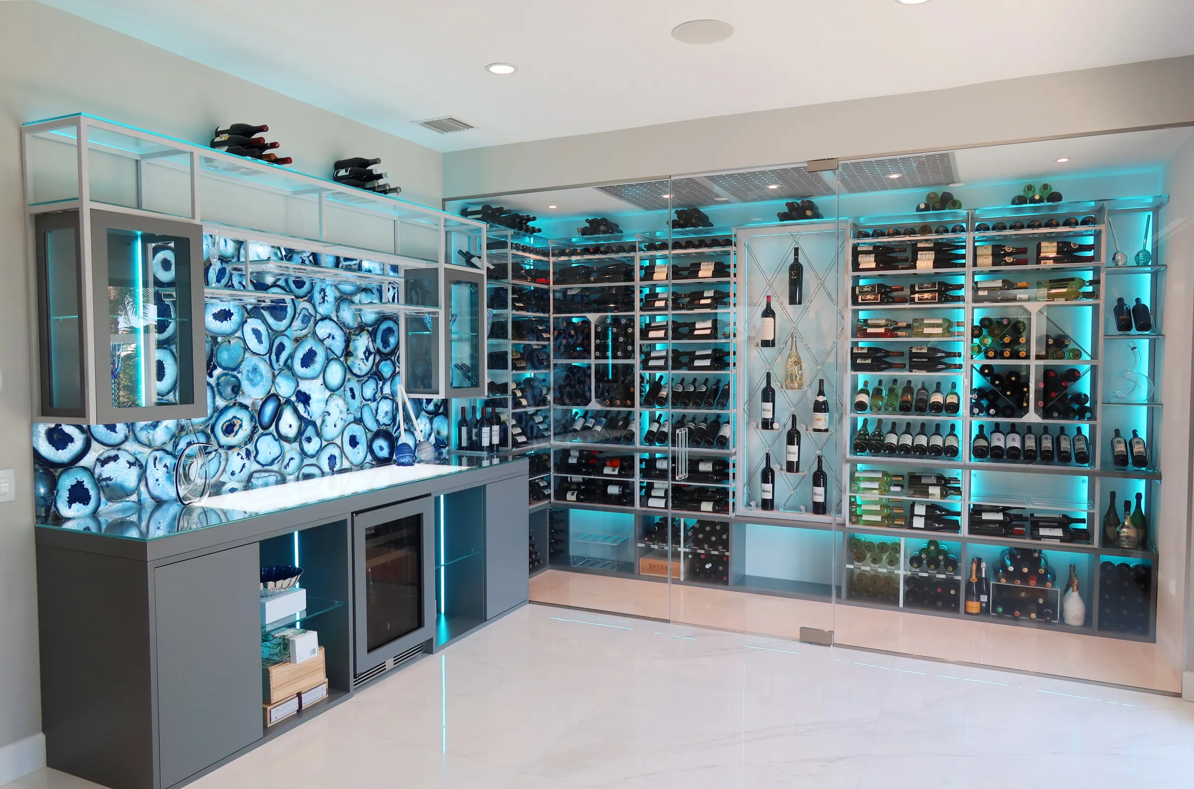 Modern wine room bar Parkland FL - side wine rack angle, horizontal bottle storage, Barnsley