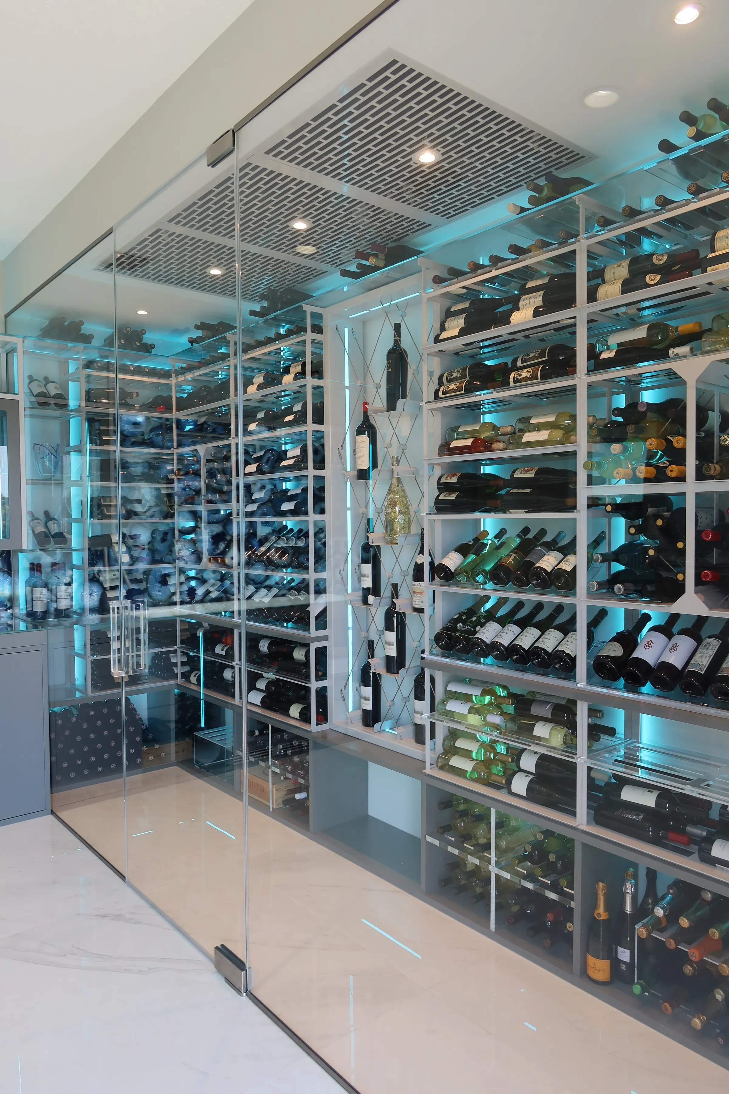 Modern wine room bar Parkland FL - vertical bottle display detail, Barnsley wine cellar