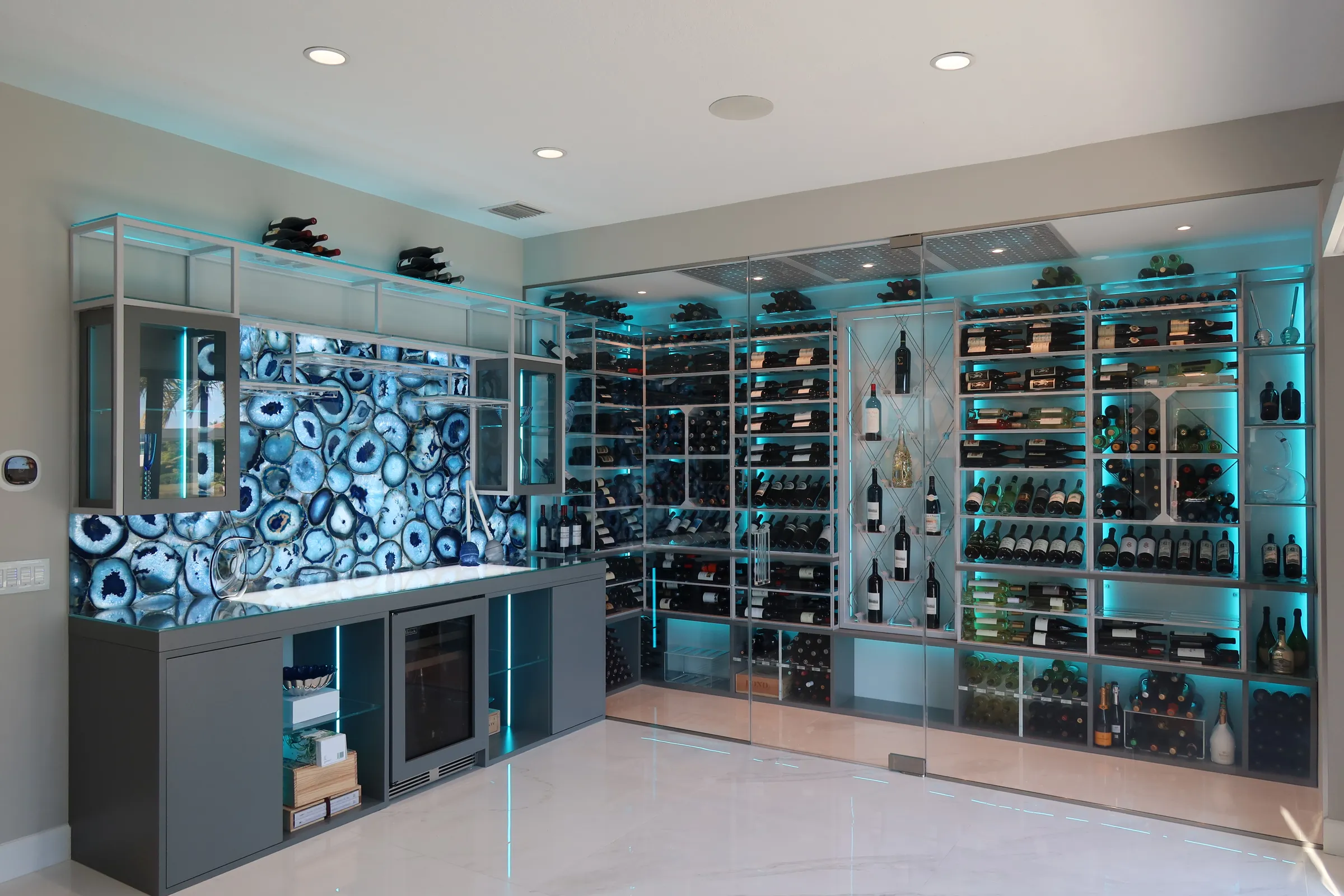 Modern wine room bar Parkland FL - panoramic view wine room and bar, luxury South Florida, Barnsley