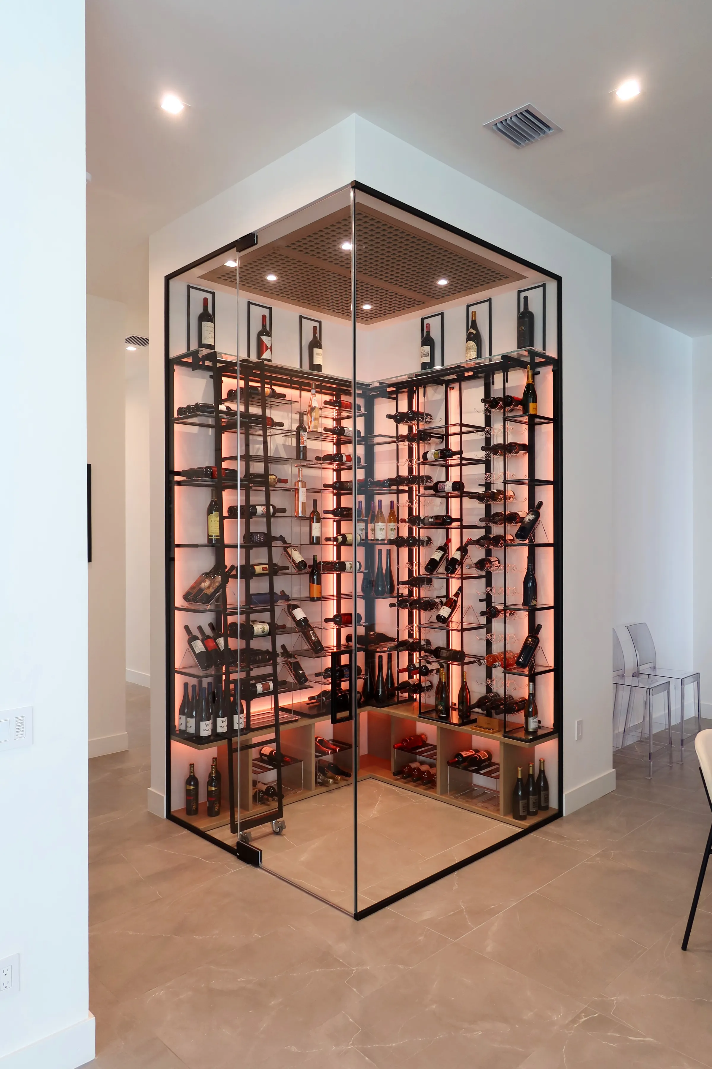 modern wine room Boca Raton Florida, sleek contemporary wine storage, premium materials, elegant wine display, luxury residential wine room — photograph 2 of 2