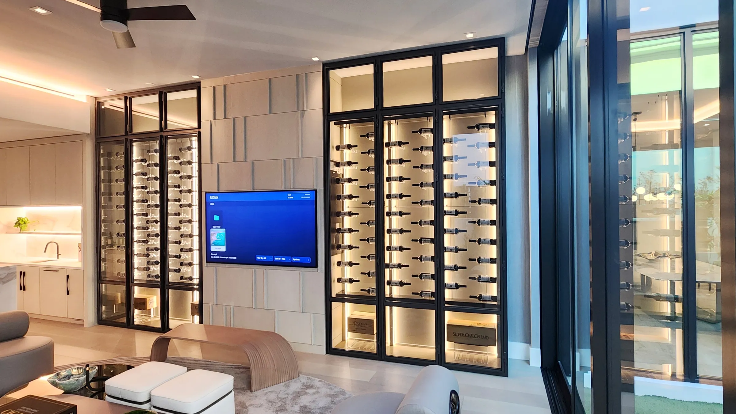 Custom dual wine wall Palm Beach featuring glass enclosure, illuminated bottle displays, and modern luxury wine storage — photograph 4 of 4