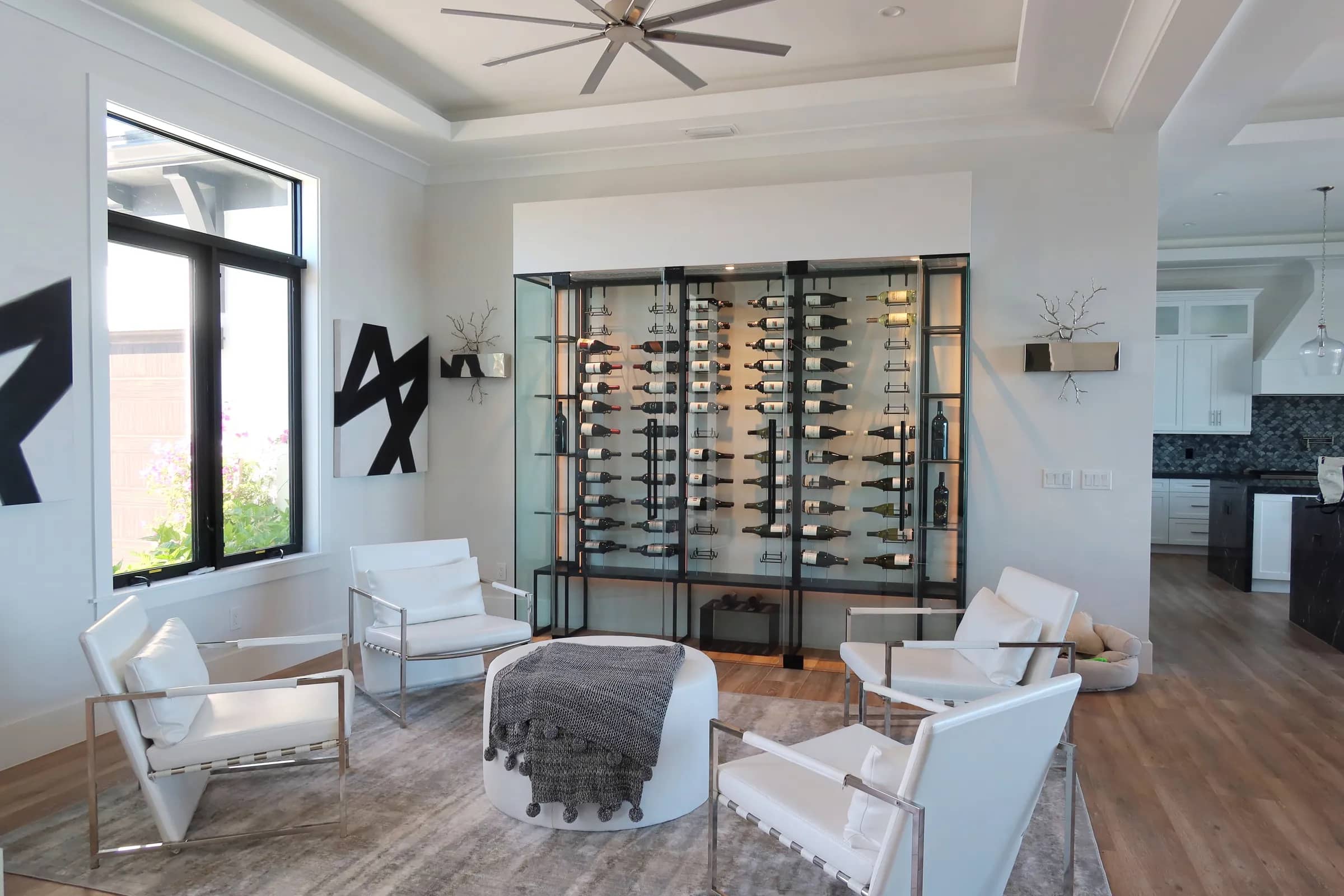 custom wine wall North Palm Beach Florida, black lacquered hooks, metal racks, warm white LED lighting, glass shelving, wine crates storage — photograph 3 of 3