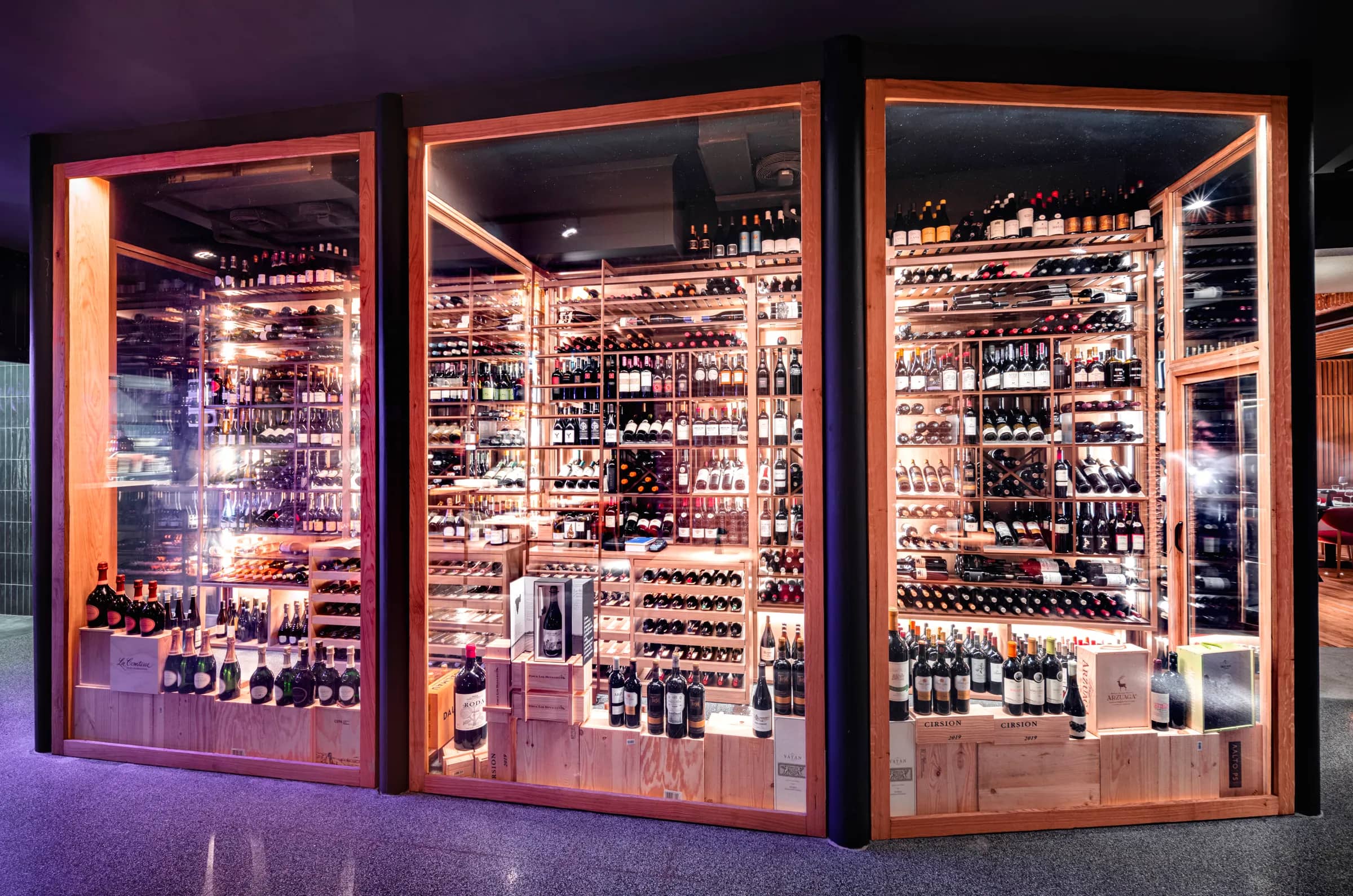 wooden wine racks, metal wine racks, wine room, wine wall, wine cellar, LED strips, integration, custom, made in USA, wine crates, wine lovers, restaurant wine room, residential wine room — photograph 1 of 3