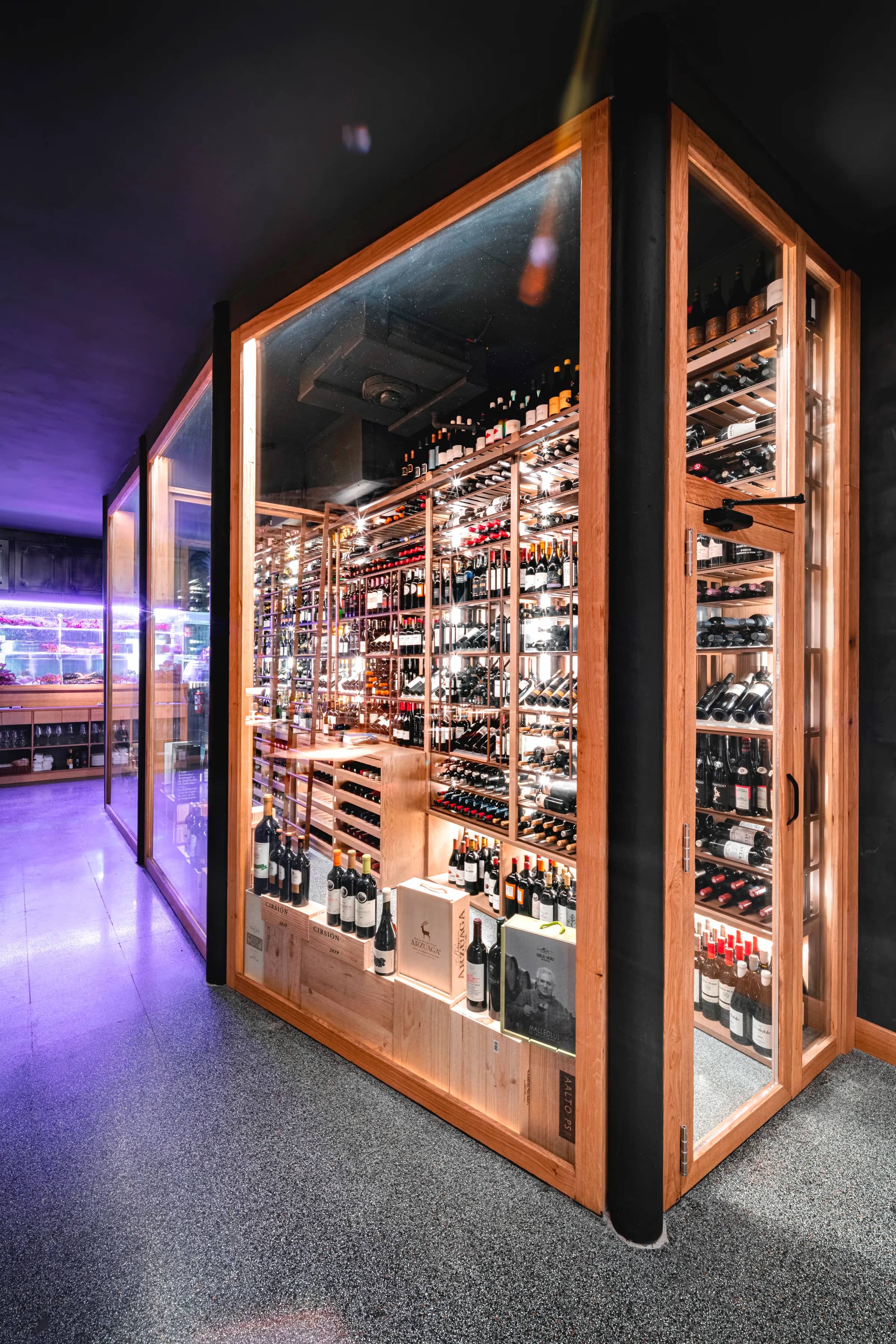 wooden wine racks, metal wine racks, wine room, wine wall, wine cellar, LED strips, integration, custom, made in USA, wine crates, wine lovers, restaurant wine room, residential wine room — photograph 2 of 3