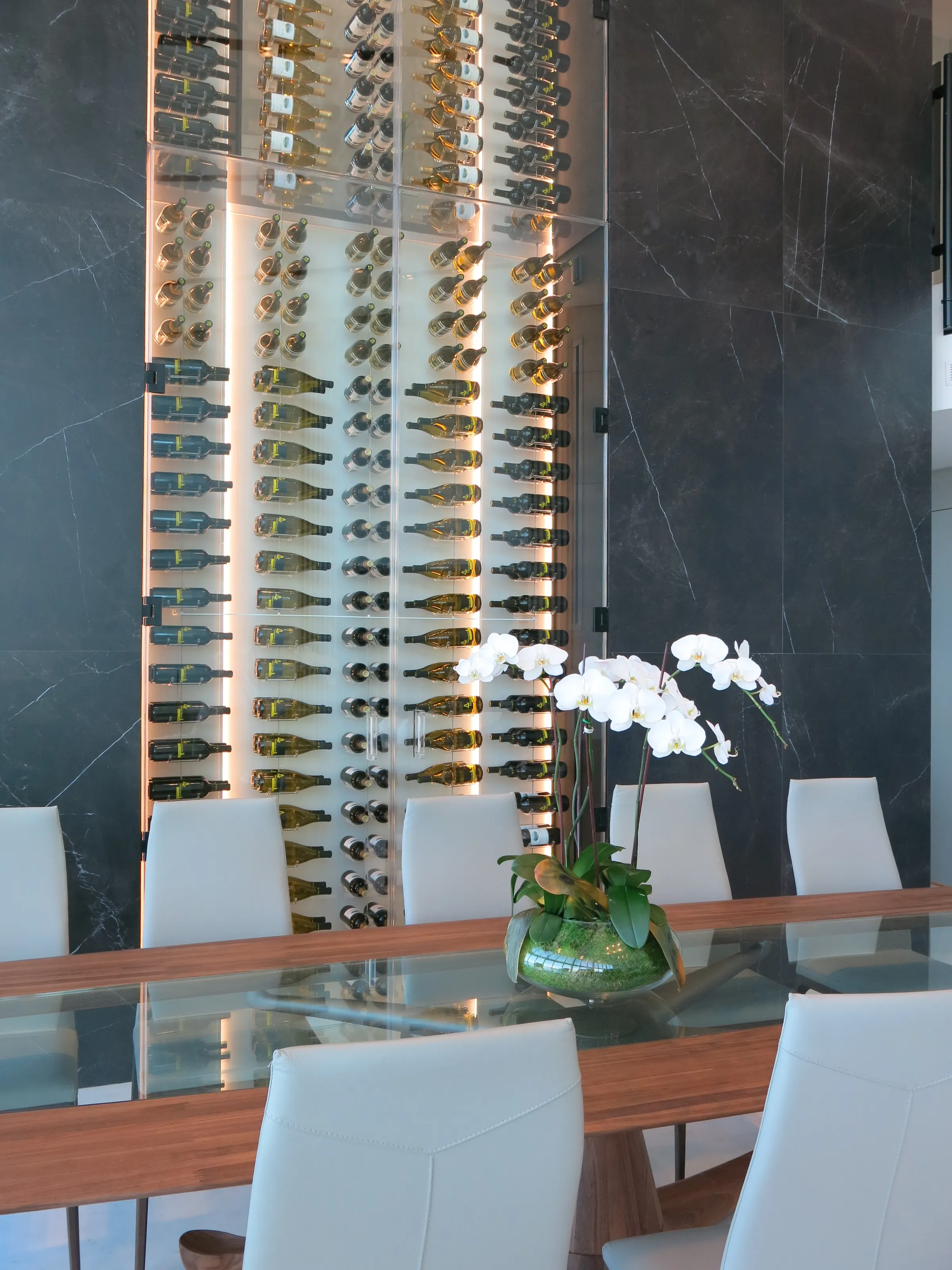 Luxury custom wine wall miami, featuring glass enclosure, cables and acrylic hooks, LED lighting modern design — photograph 1 of 3