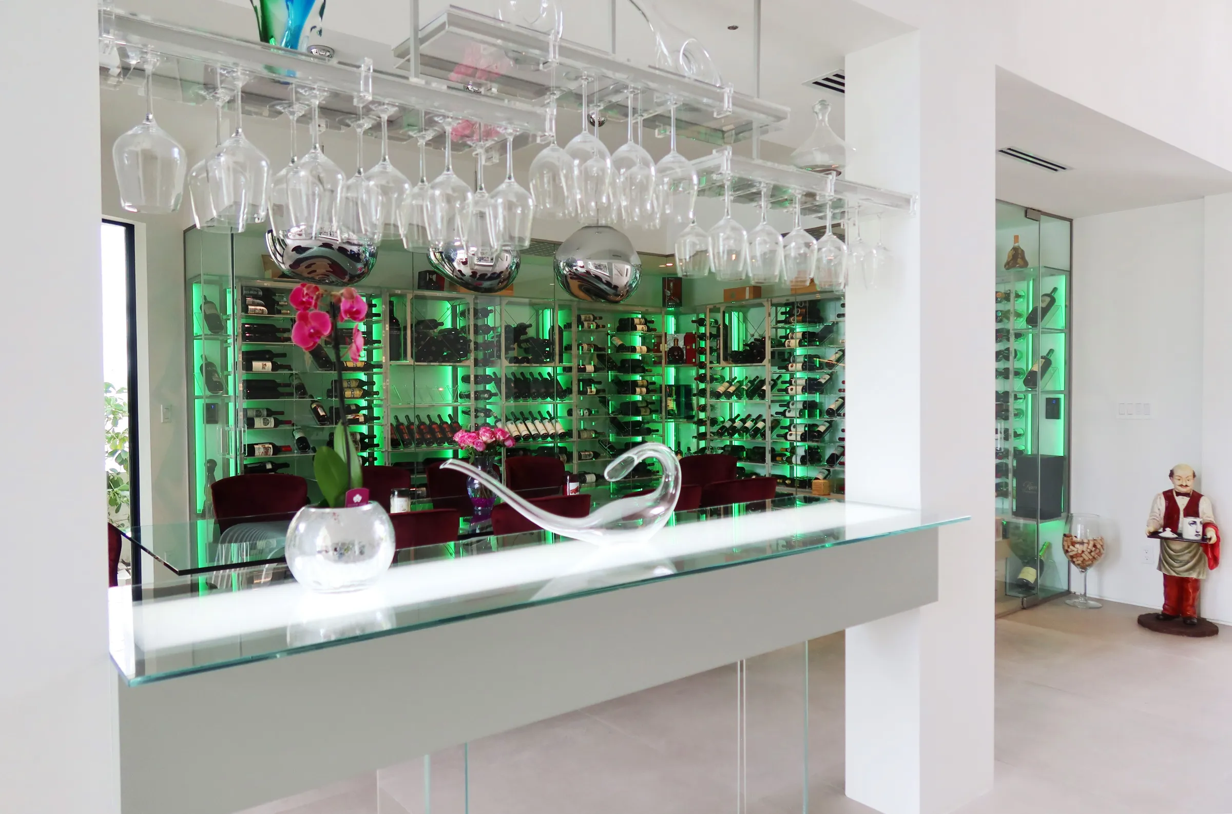 Modern wine cellar stainless steel racks glass wine room Venetian