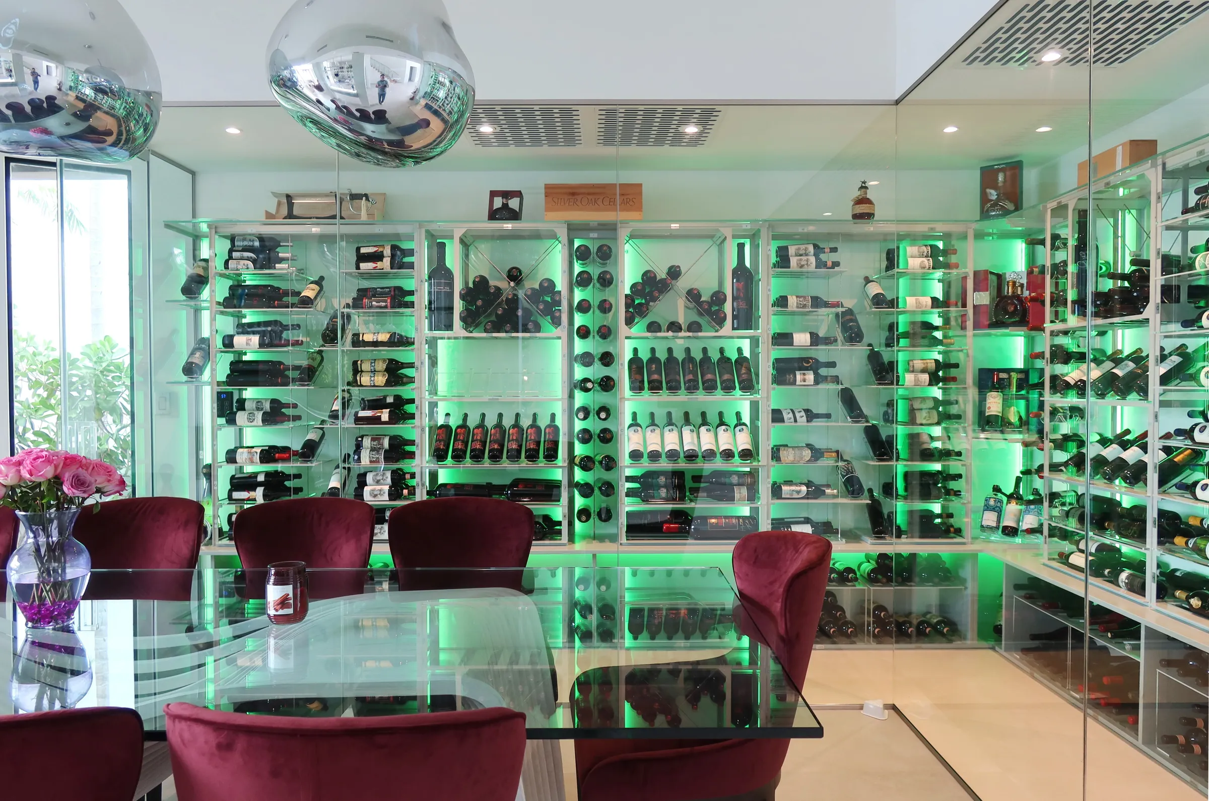Modern wine cellar stainless steel wine wall Venetian Dragon Cellars luxury residence
