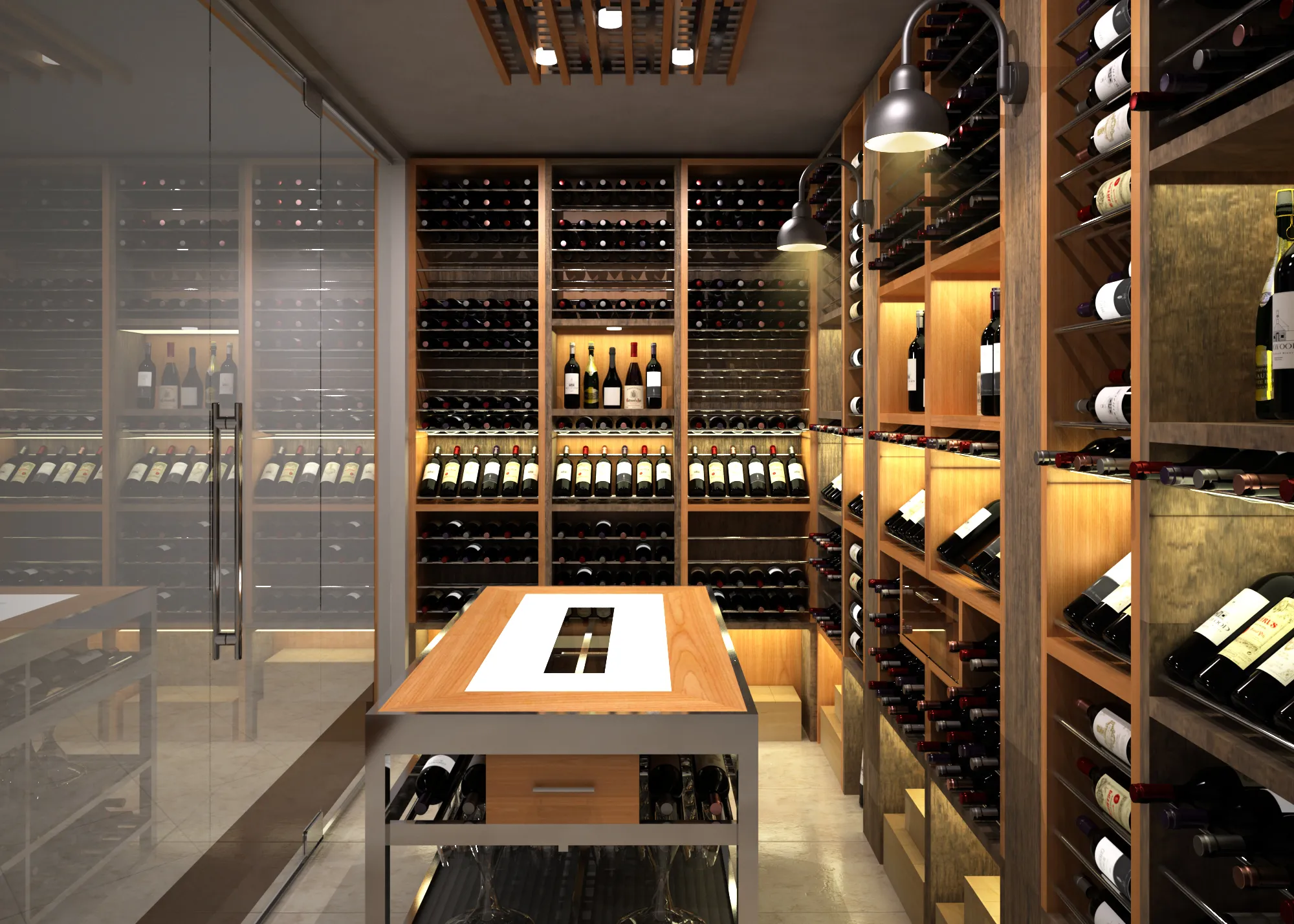 Transitional wine cellar Palm Beach FL - Palm Beach 1, two-tone wood racks, metal tubes, backlit tasting table