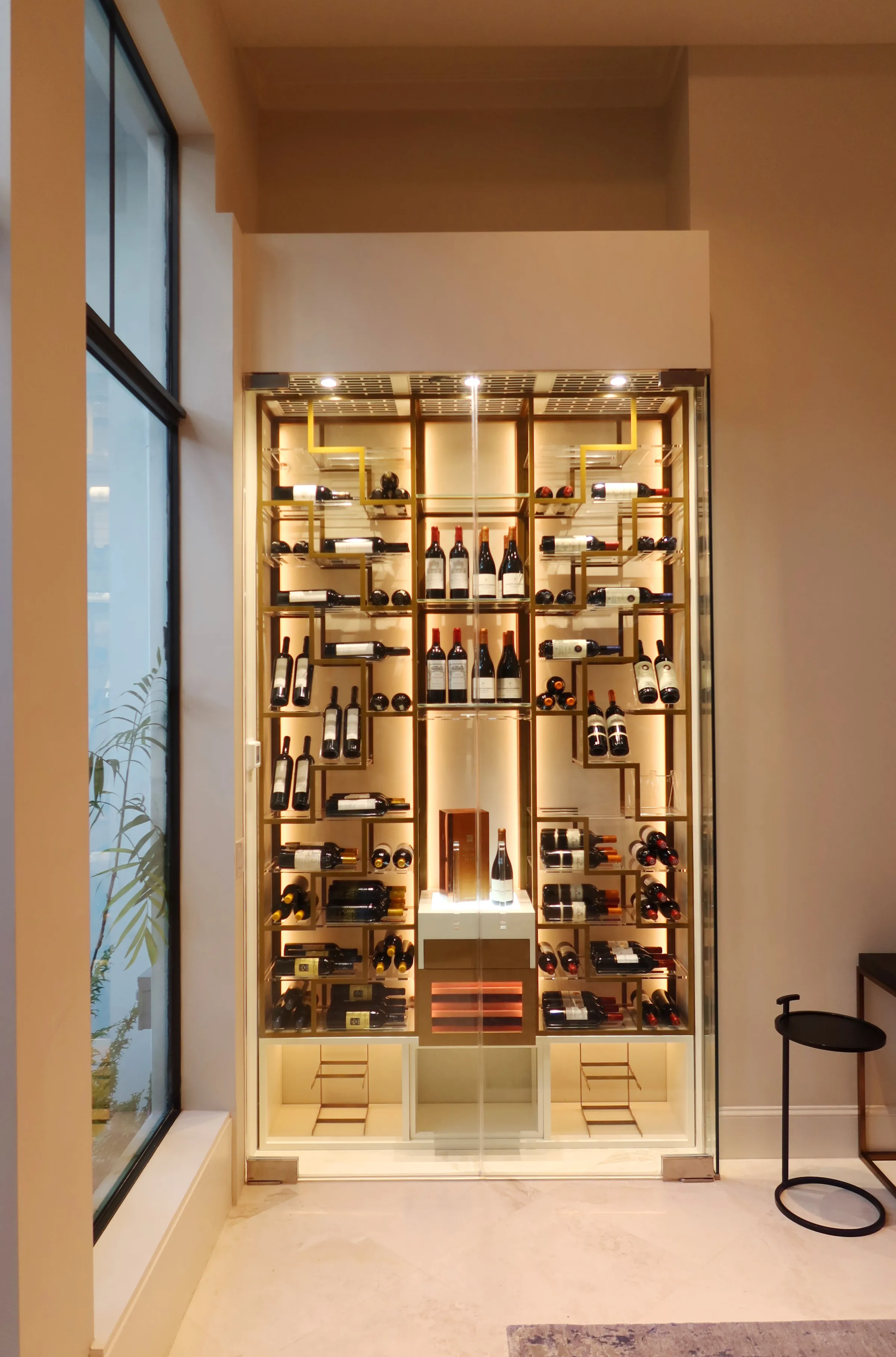 Custom wine wall Palm Beach featuring glass enclosure, illuminated bottle displays, and contemporary luxury wine storage — photograph 3 of 4