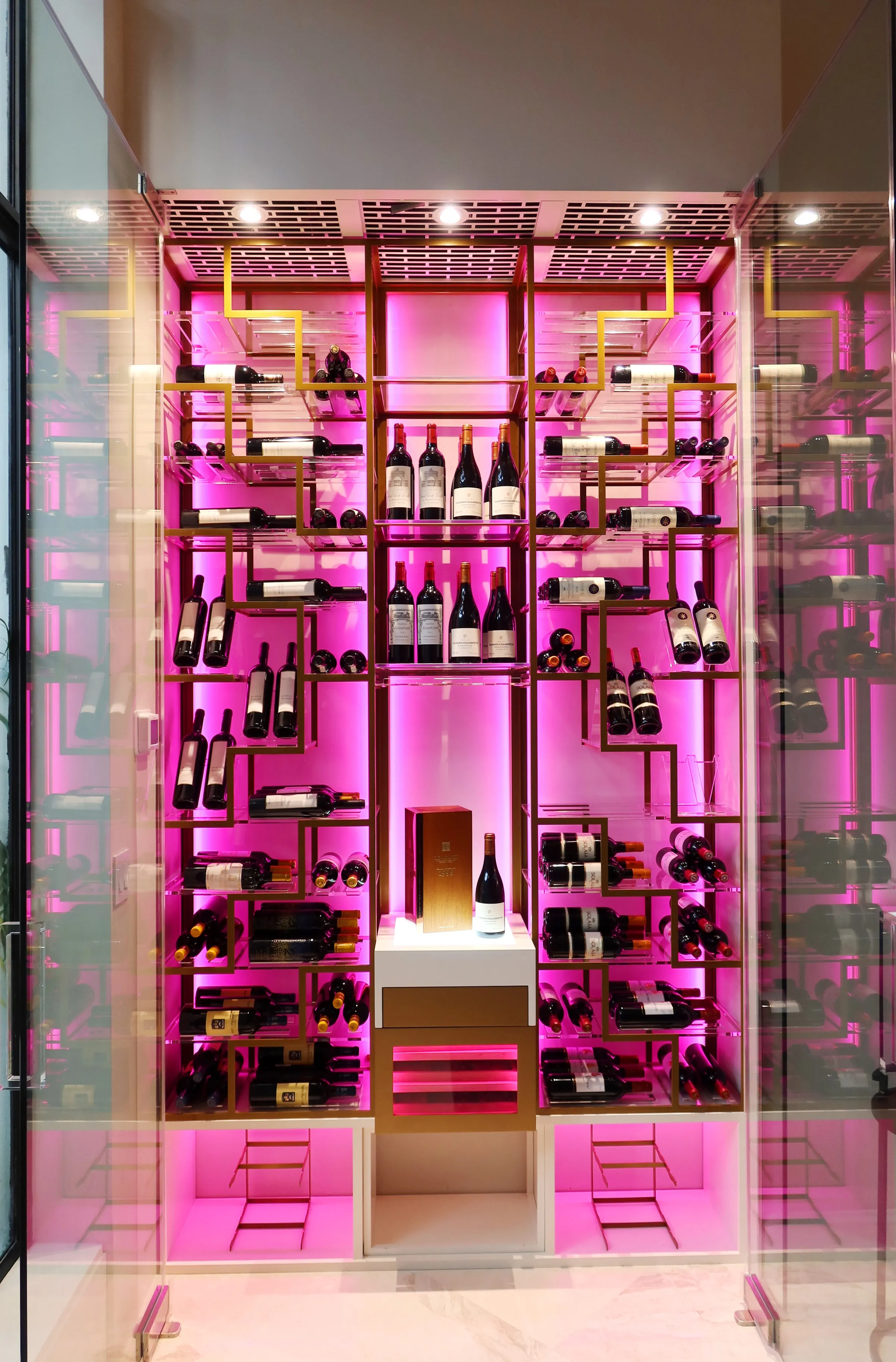 Custom wine wall Palm Beach featuring glass enclosure, illuminated bottle displays, and contemporary luxury wine storage — photograph 4 of 4