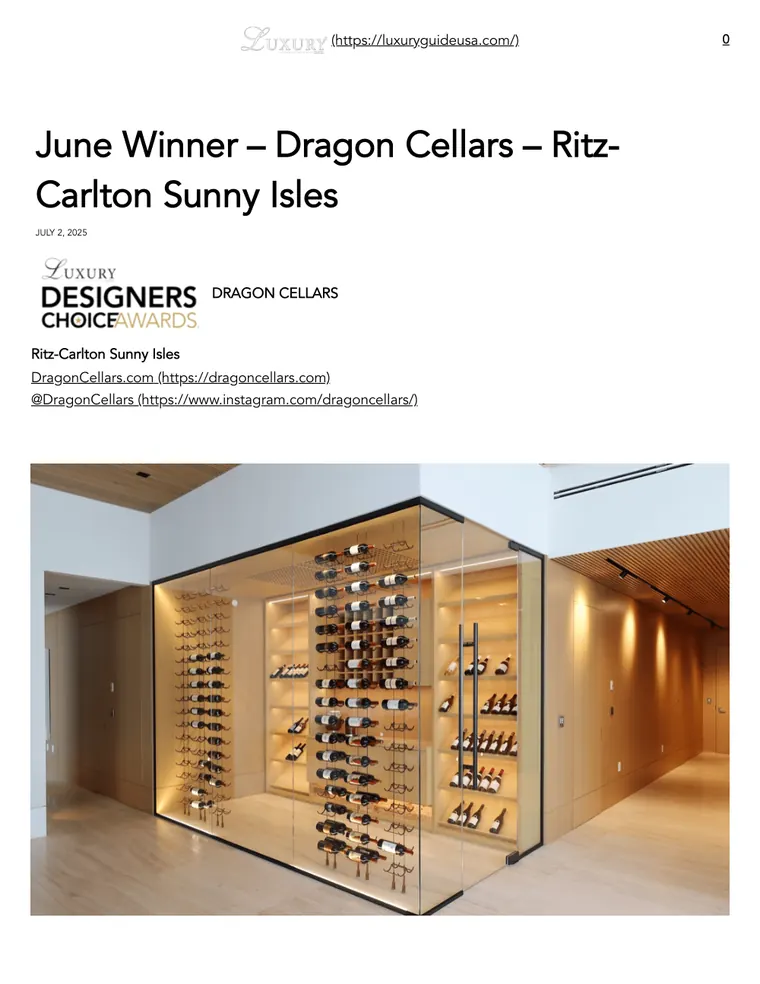 June Winner — Dragon Cellars, Ritz-Carlton Sunny Isles — Luxury Guide USA, julio de 2025